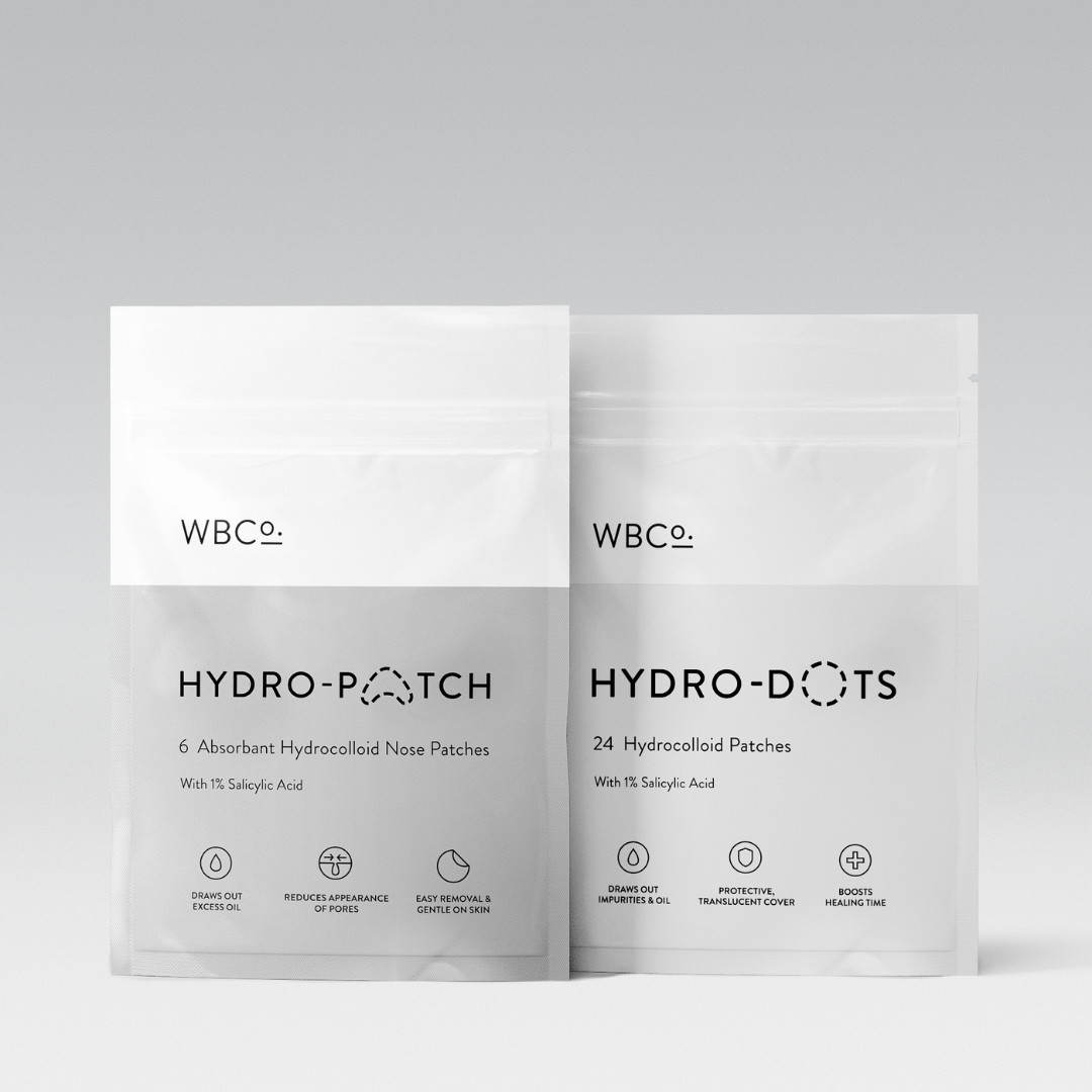 Two packages labeled 'Hydro-Patches' and 'Hydro-Dots', with details about the product contents and ingredients visible on the packaging. Hydrocolloid patches