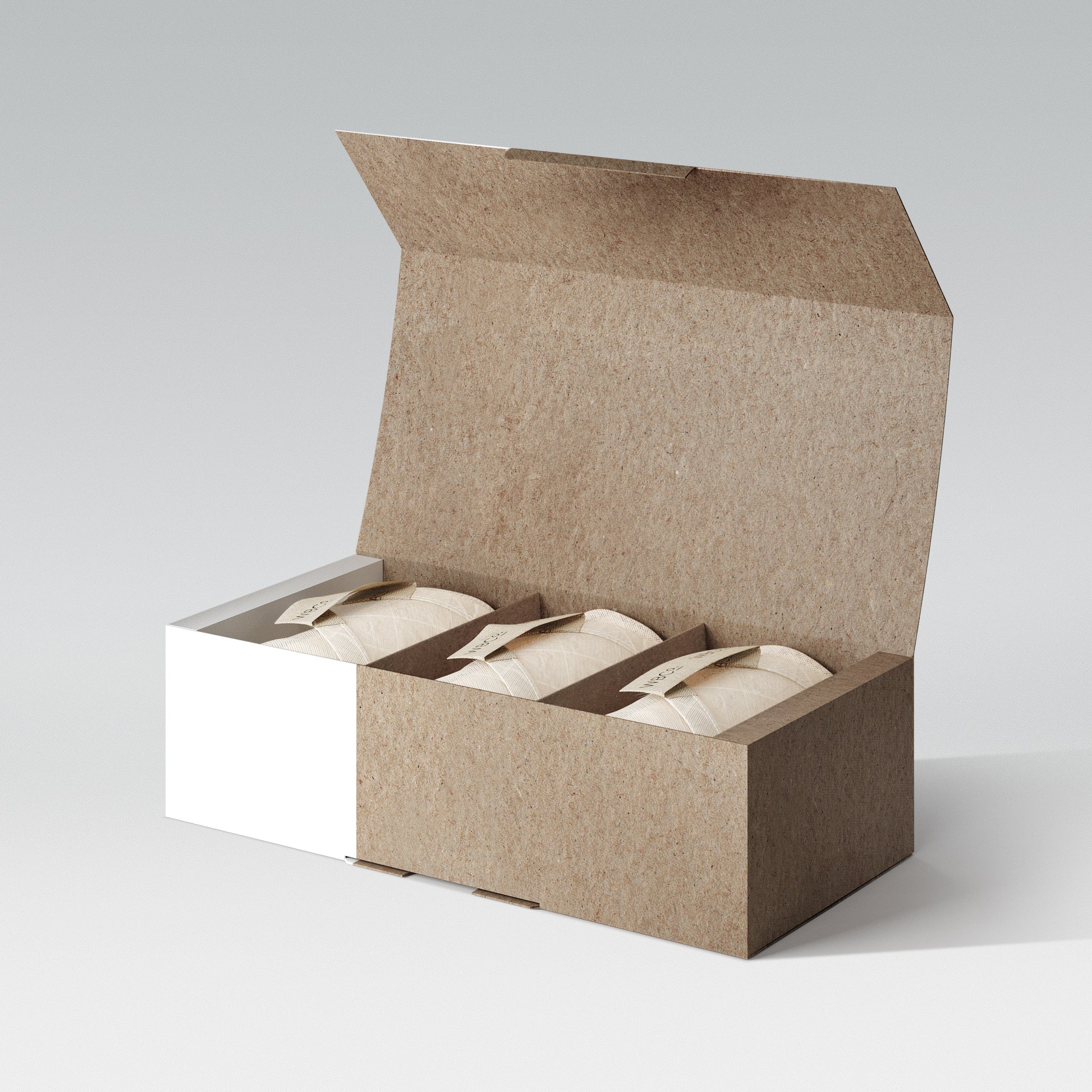 Open box of trio face cloths. face wipes in eco friendly box. reusable face wipes cloths