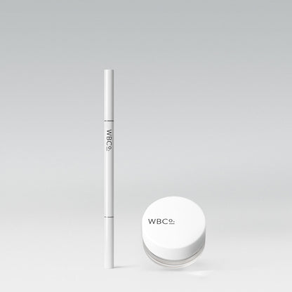 A white brow pomade container and a matching brow pencil against a grey background, both with the brand 'WBCO' printed on them.
