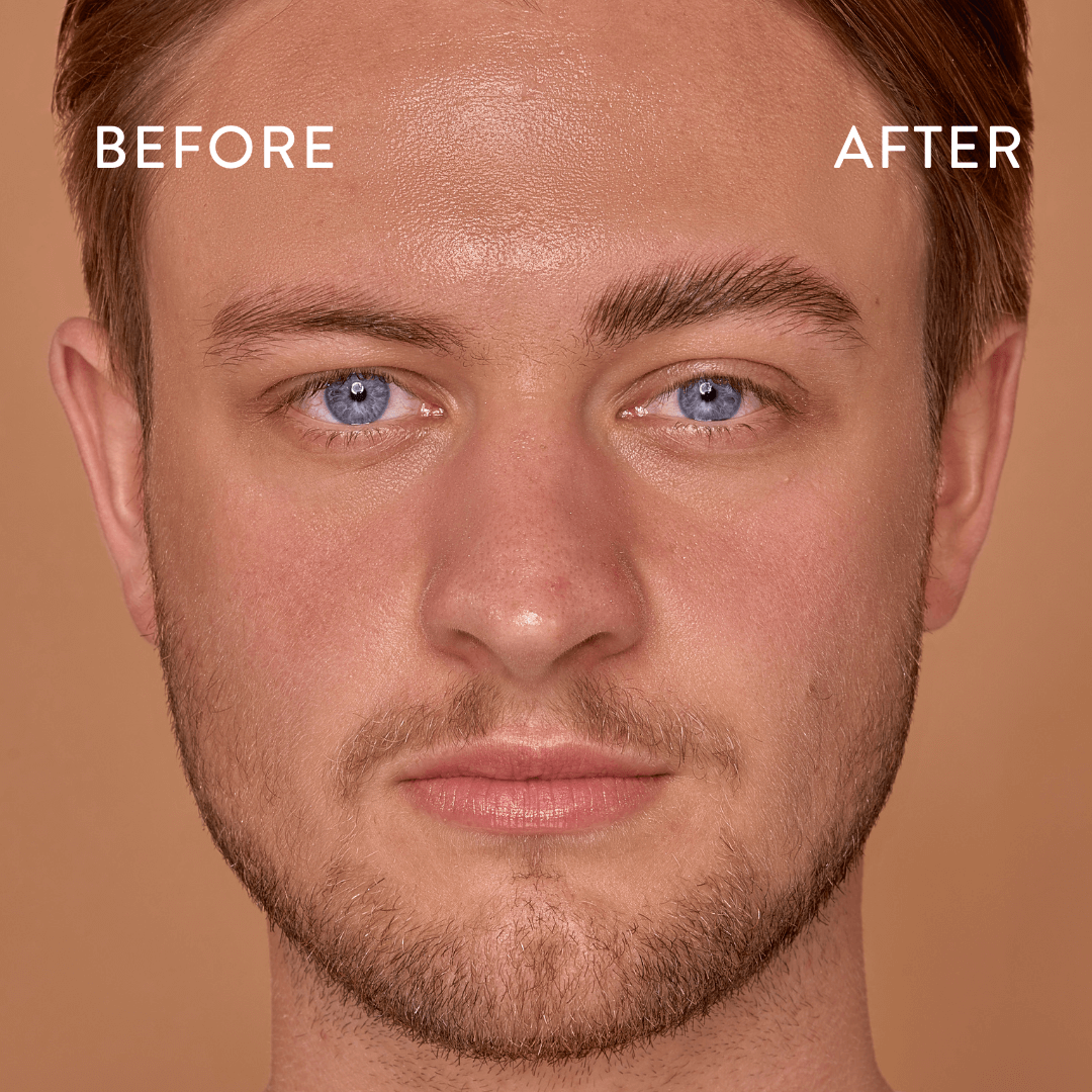 Before and after of Soap Brows the original brow styling product with the fluffy brow, brushed up brow on a mans face.