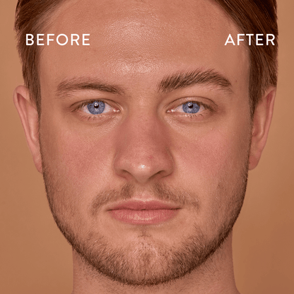 Before and after of Soap Brows the original brow styling product with the fluffy brow, brushed up brow on a mans face.