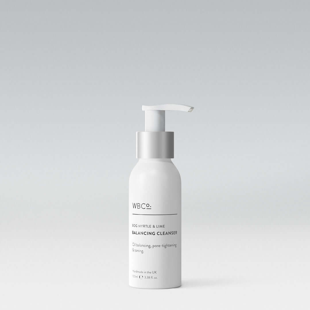 Bog Myrtle & lime cleanser in a small white pump bottle WBCo. skin care