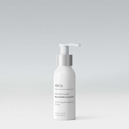 Bog Myrtle & lime cleanser in a small white pump bottle WBCo. skin care
