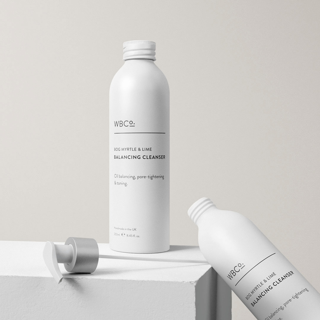 Bog Myrtle and Lime Balancing Cleanser shoot on display showing the pump lid
