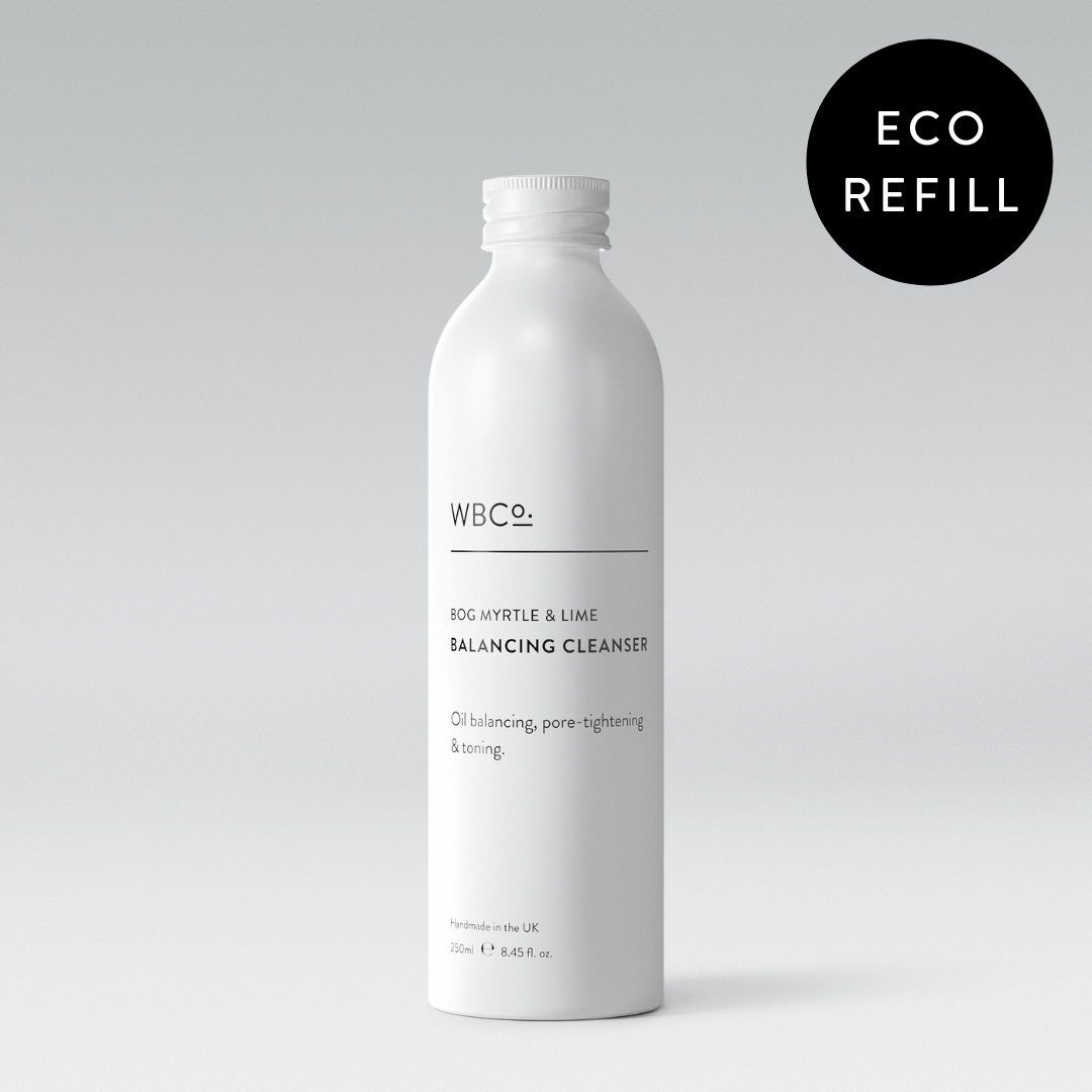 A white bottle labeled 'ECO REFILL' for Bog Myrtle and Lime Balancing Cleanser with a black circular detail stating 'Eco Refill'.

