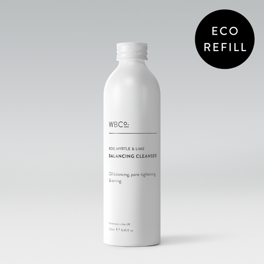 A white bottle labeled 'ECO REFILL' for Bog Myrtle and Lime Balancing Cleanser with a black circular detail stating 'Eco Refill'.


