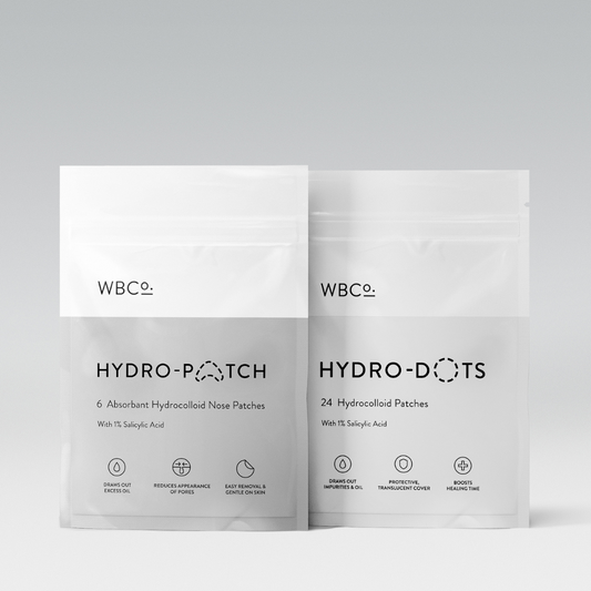 Two packages labeled 'Hydro-Patches' and 'Hydro-Dots', with details about the product contents and ingredients visible on the packaging. Hydrocolloid patches