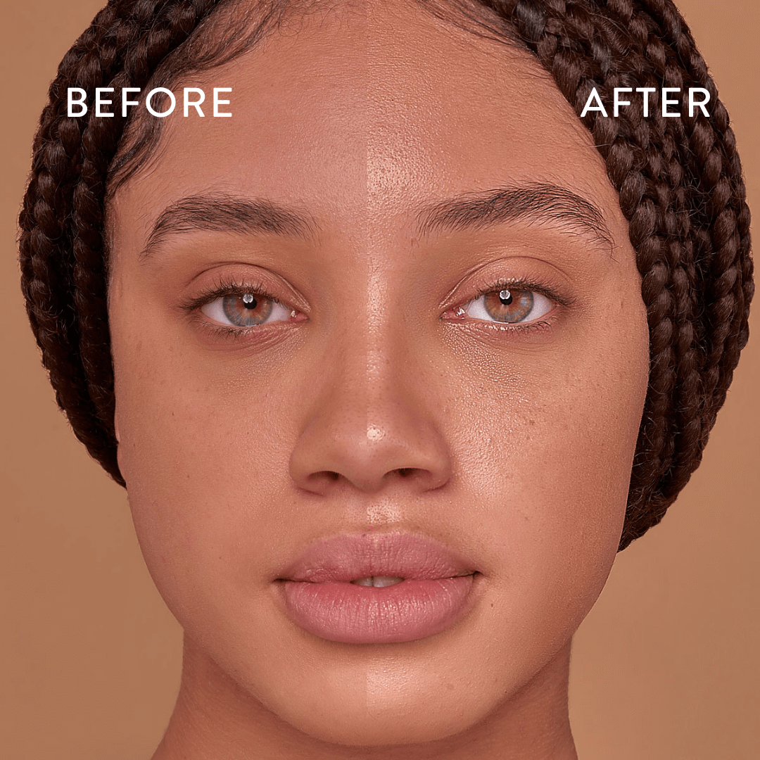 Bog Myrtle & lime cleanser before and after on face showing difference in the clean face and glow
