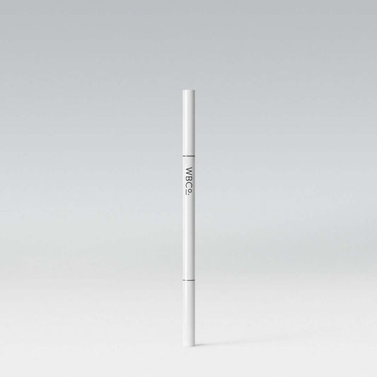 A white eyebrow pencil with a cap, labeled 'WBCo', against a grey background.