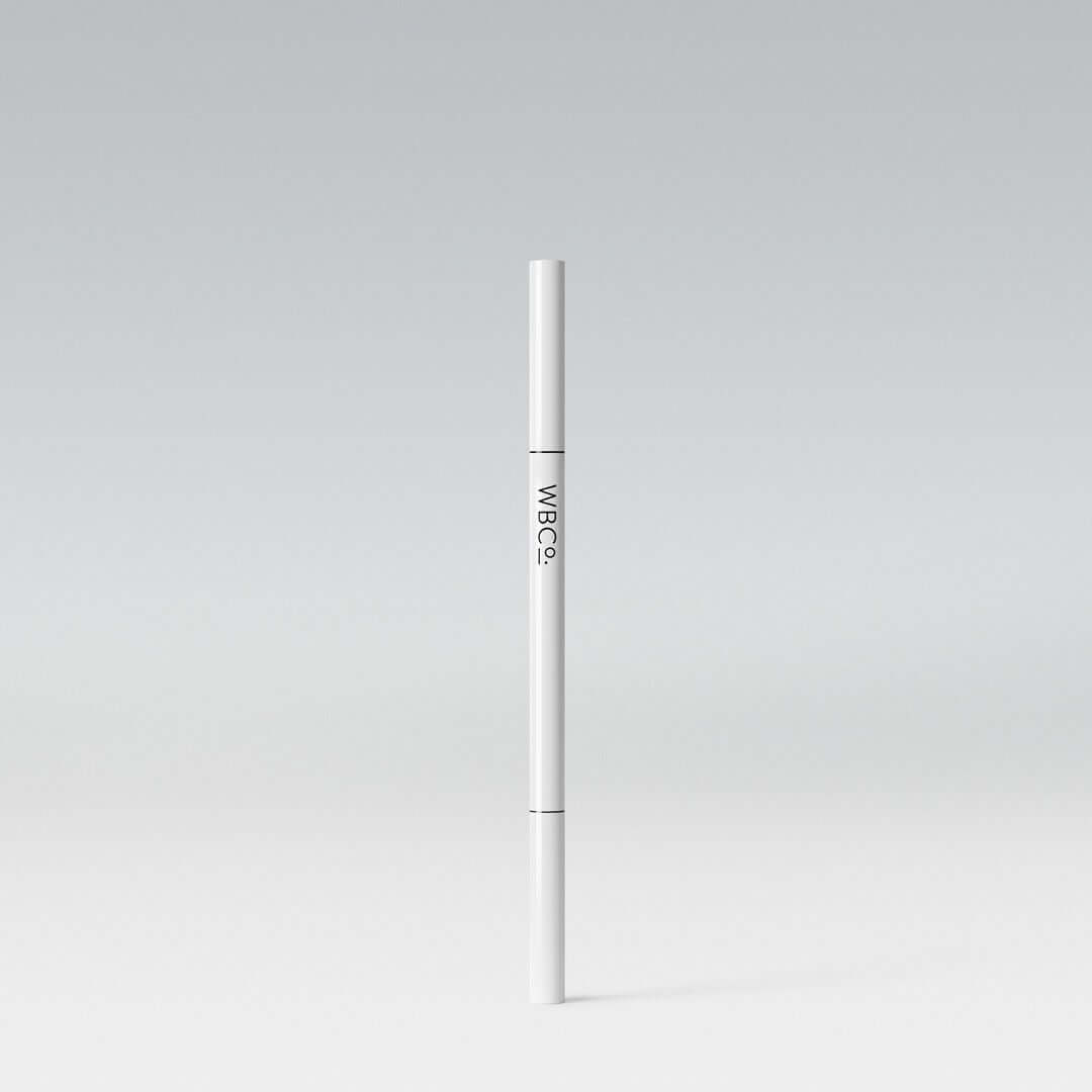 A white eyebrow pencil with a cap, labeled 'WBCo', against a grey background.