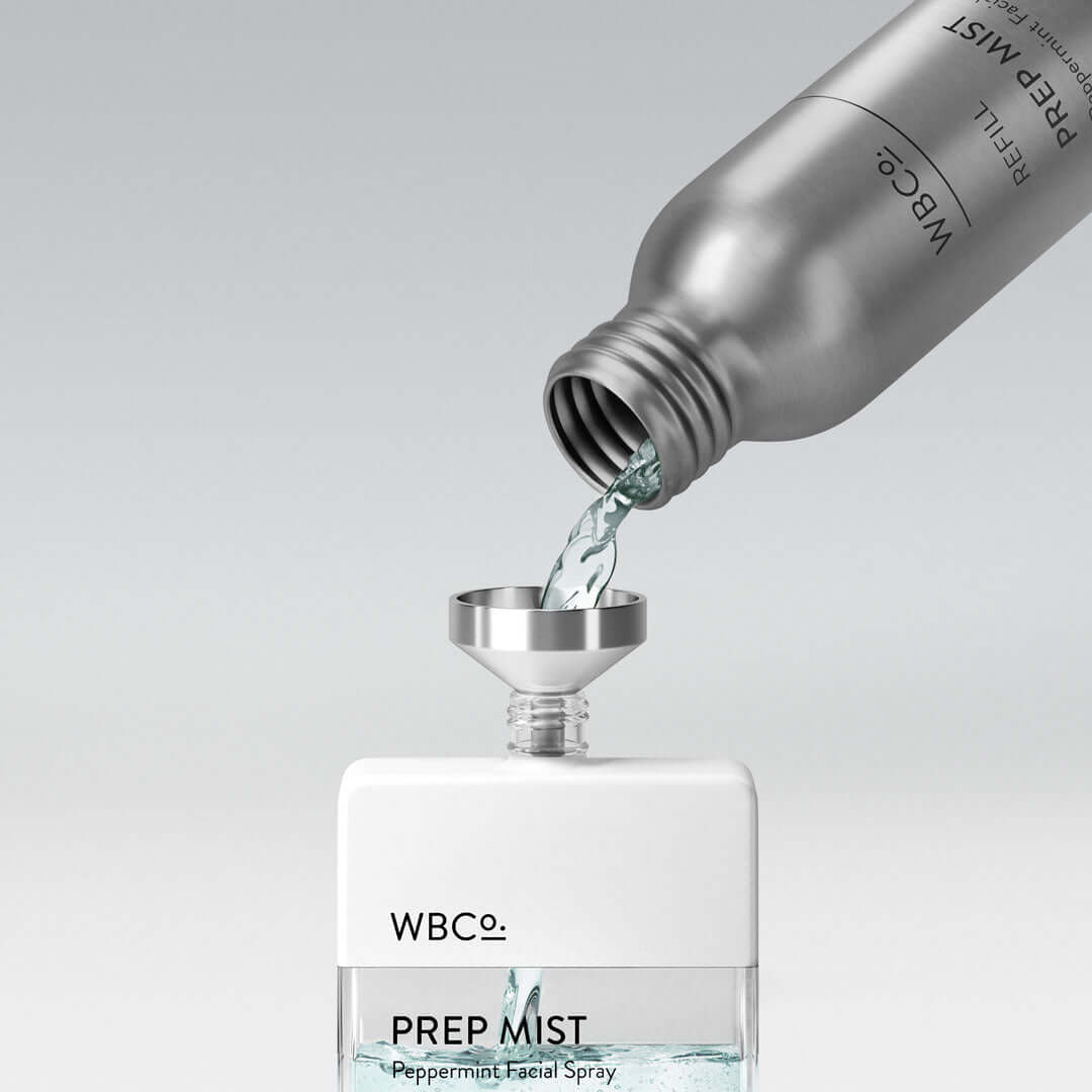 Prep mist refill image showing how to refill using the mini funnel. WBCo