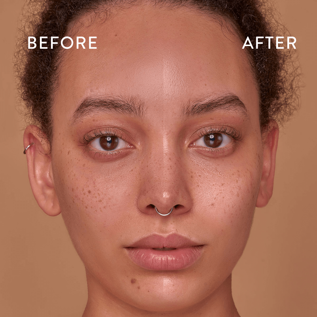 Womans face before and after using Bog Myrtle and Lime Balancing Cleanser.
