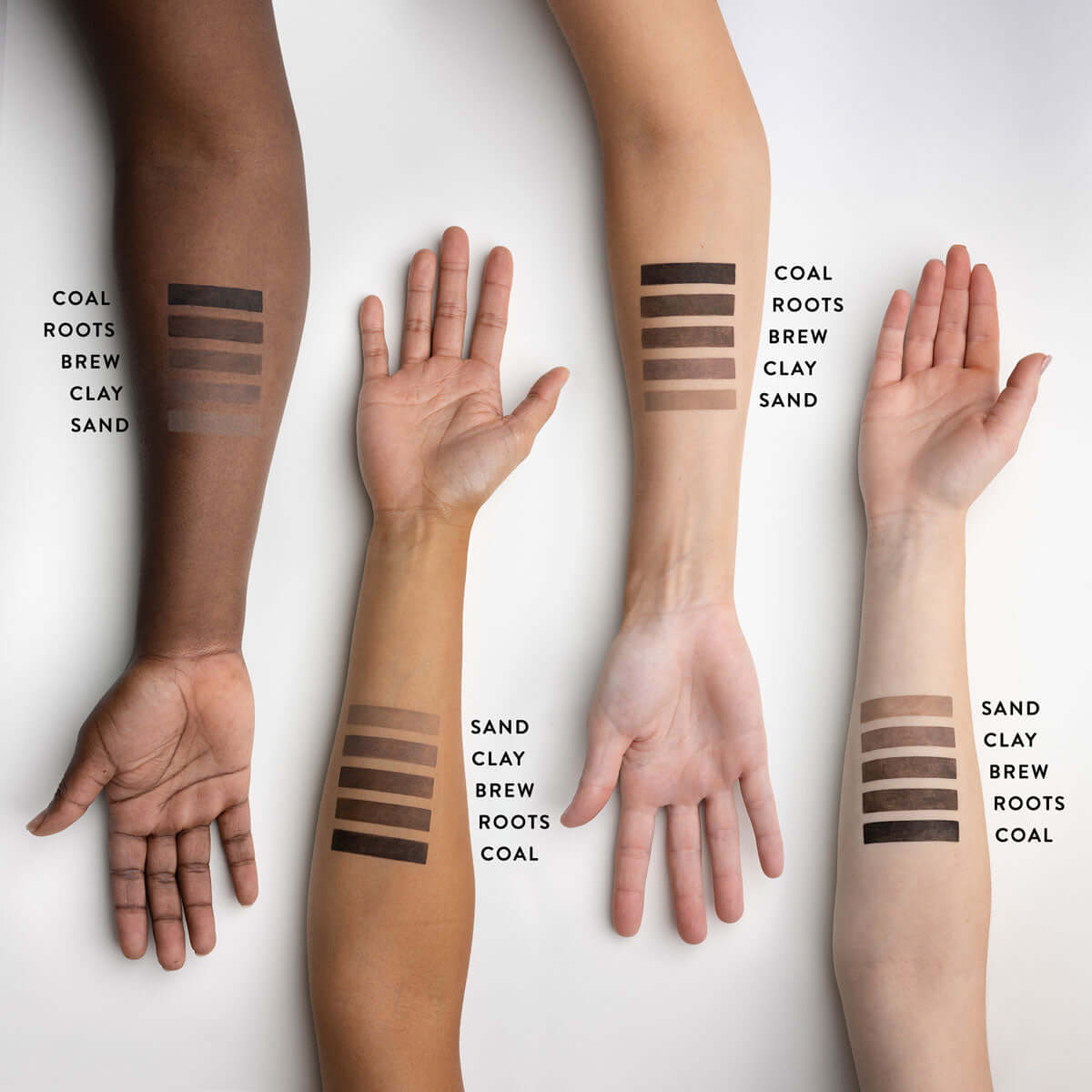 Pen and pencils in shade sand, clay, brew, roots, coal, North east named beauty products. 