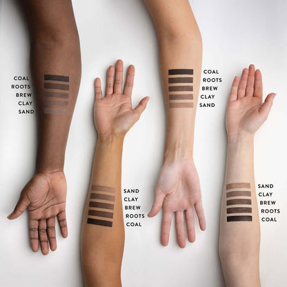 Pen and pencils in shade sand, clay, brew, roots, coal, North east named beauty products. 