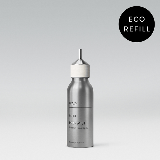 A 100ml aluminium refill bottle for Prep Mists with the label 'ECO REFILL' on the top, against a grey background. Comes with cute little stainless steel funnel. 